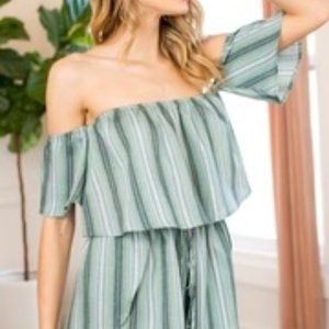 sage boho stripped green romper